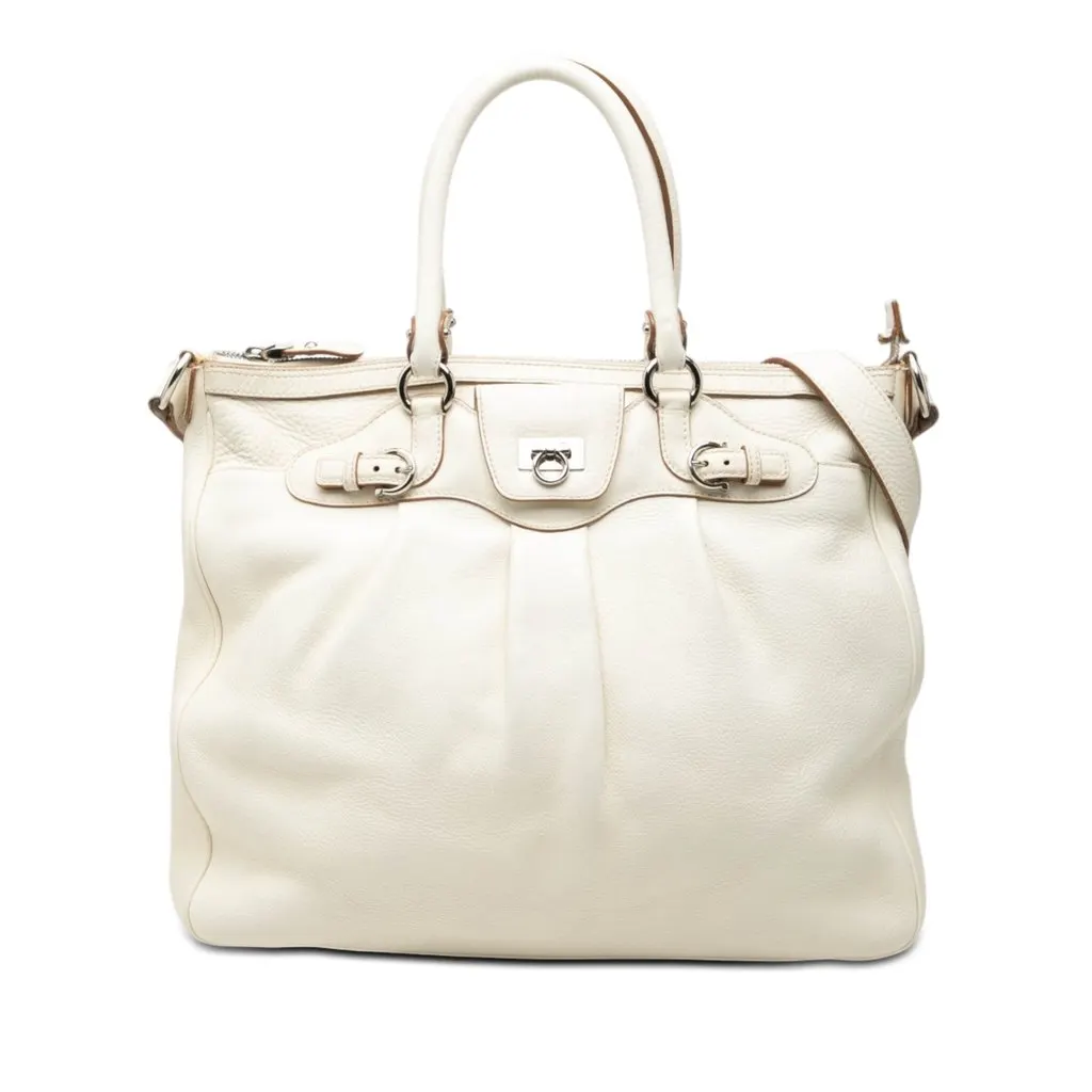 Salvatore Ferragamo Leather Gancini Convertible Tote White Leather Very good - Front View