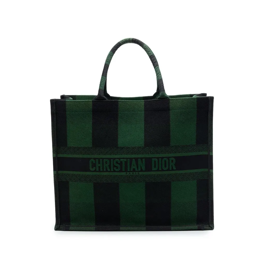 Dior Large Embroidered Canvas Checkered Book Tote Green Canvas Very good - Front View