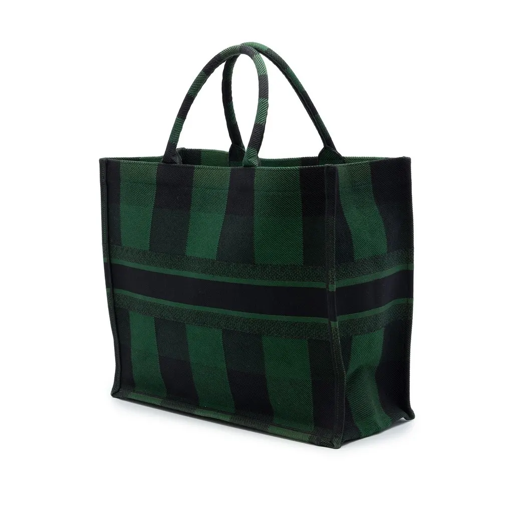 Dior Large Embroidered Canvas Checkered Book Tote Green Canvas Very good - Back View