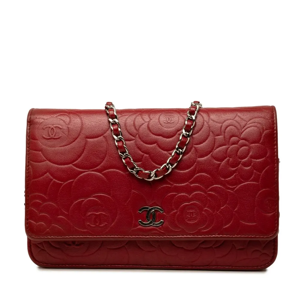 Chanel CC Embossed Lambskin Camellia Wallet On Chain Red Leather Very good - Front View