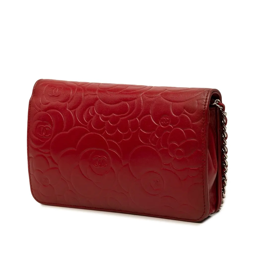 Chanel CC Embossed Lambskin Camellia Wallet On Chain Red Leather Very good - Back View