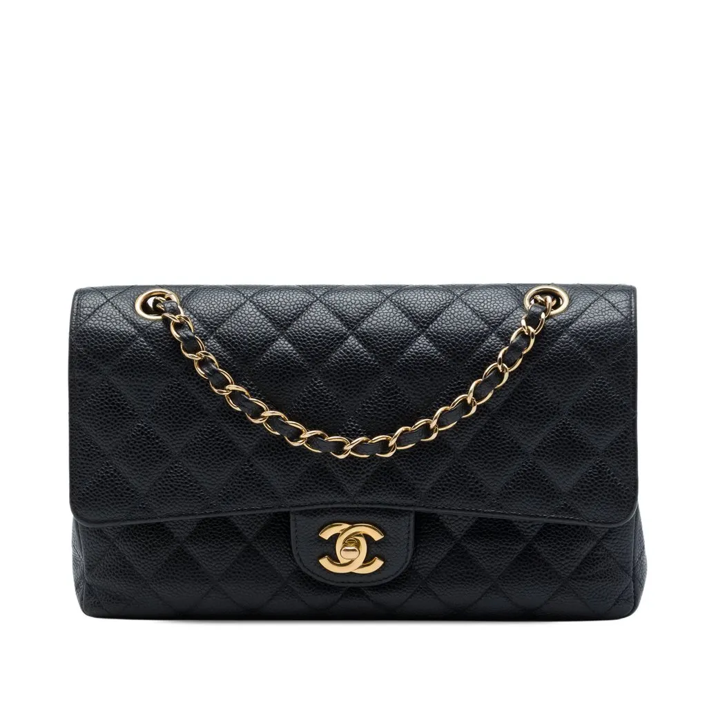 Chanel Medium Classic Caviar Double Flap Black Leather Very good - Front View