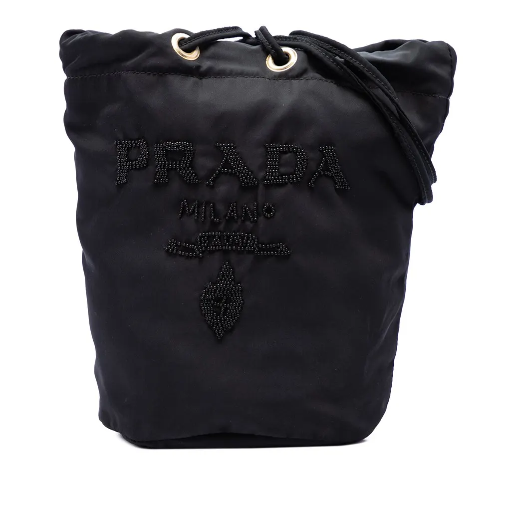 Prada Tessuto Beaded Logo Bucket Bag Black Polyamide Very good - Front View