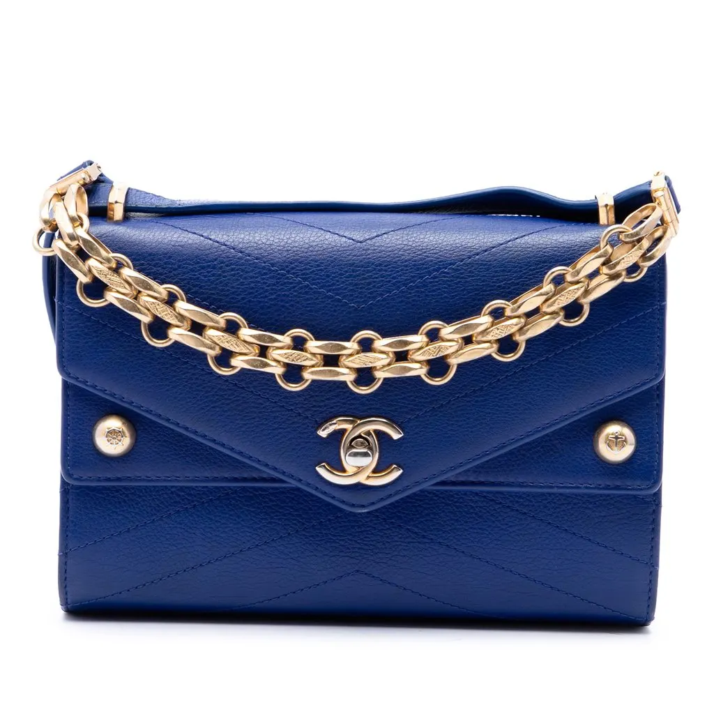 Chanel Small Studded Chevron Calfskin Envelope Double Flap Blue Leather Very good - Front View