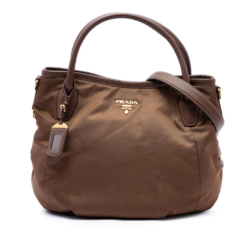 Prada Vitello Daino Trimmed Tessuto Satchel Brown Very good - Front View