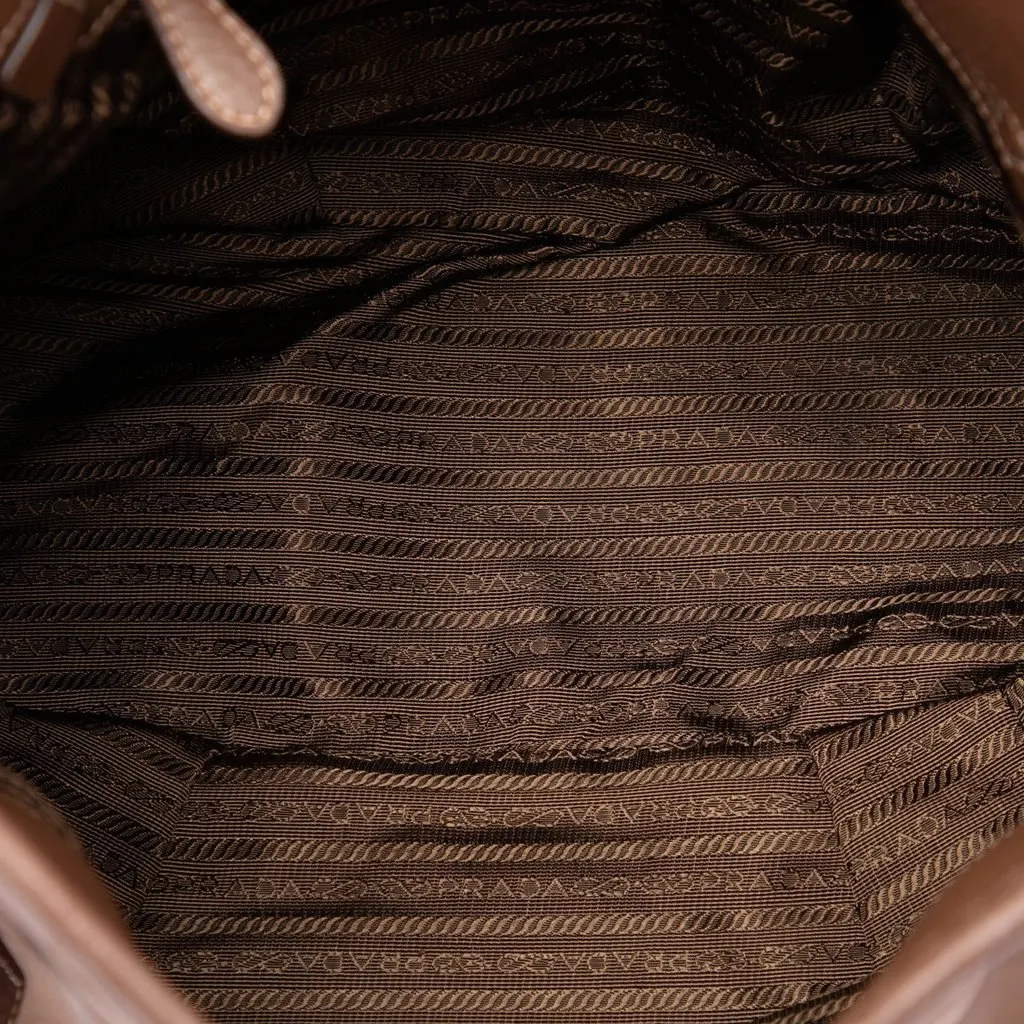 Prada Vitello Daino Trimmed Tessuto Satchel Brown Very good - Model View