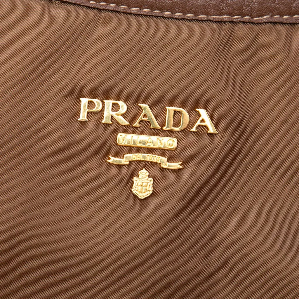 Prada Vitello Daino Trimmed Tessuto Satchel Brown Very good - Box View