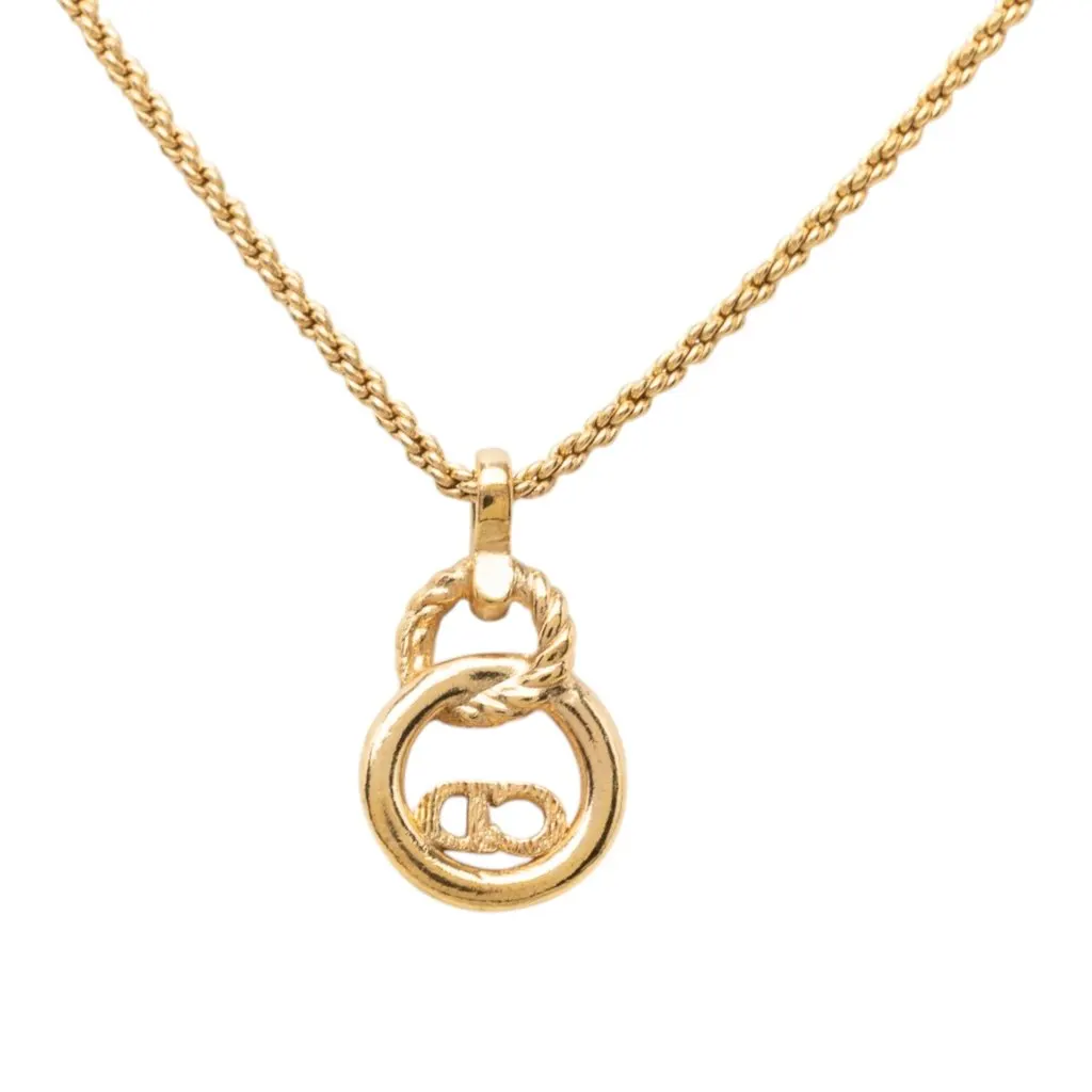 Dior Gold Plated CD Logo Twisted Round Pendant Necklace Gold Metal Very good - Inside View