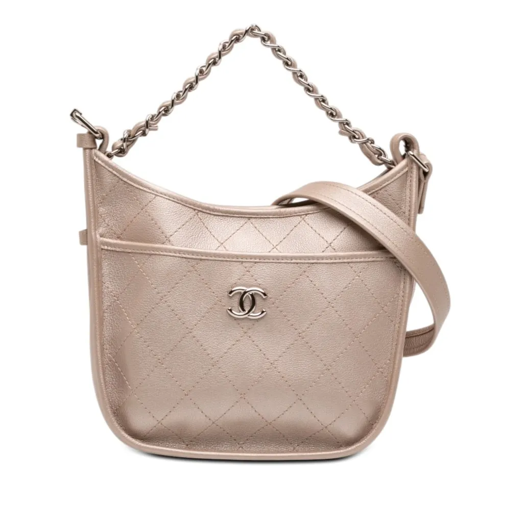 Chanel Small Quilted Metallic Calfskin Jungle Stroll Hobo Pink Leather Very good - Front View