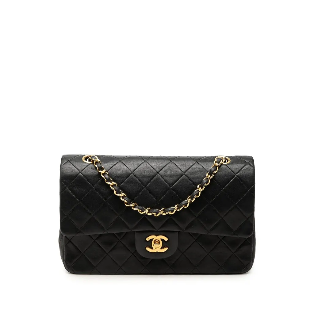 Chanel Medium Classic Lambskin Double Flap Black Leather Good - Front View