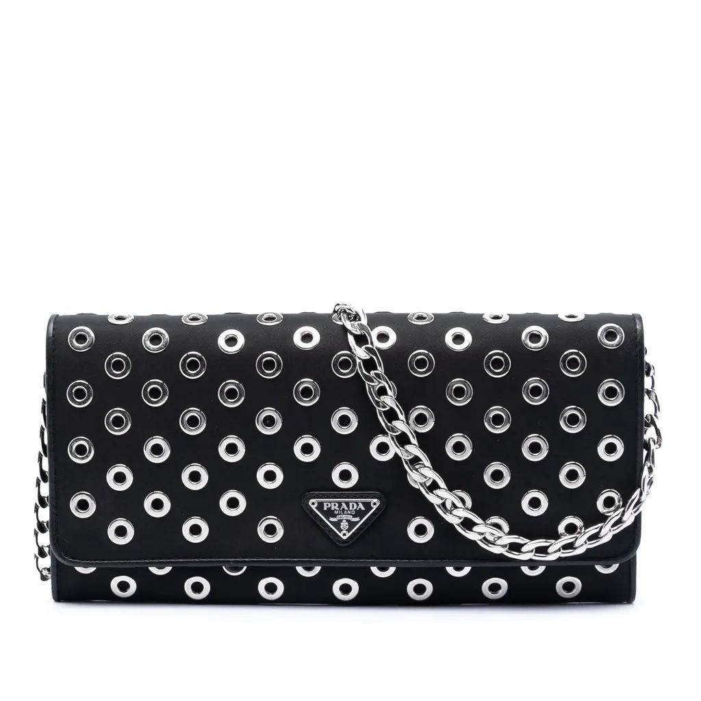 Prada Tessuto Grommet Wallet On Chain Black Very good - Front View
