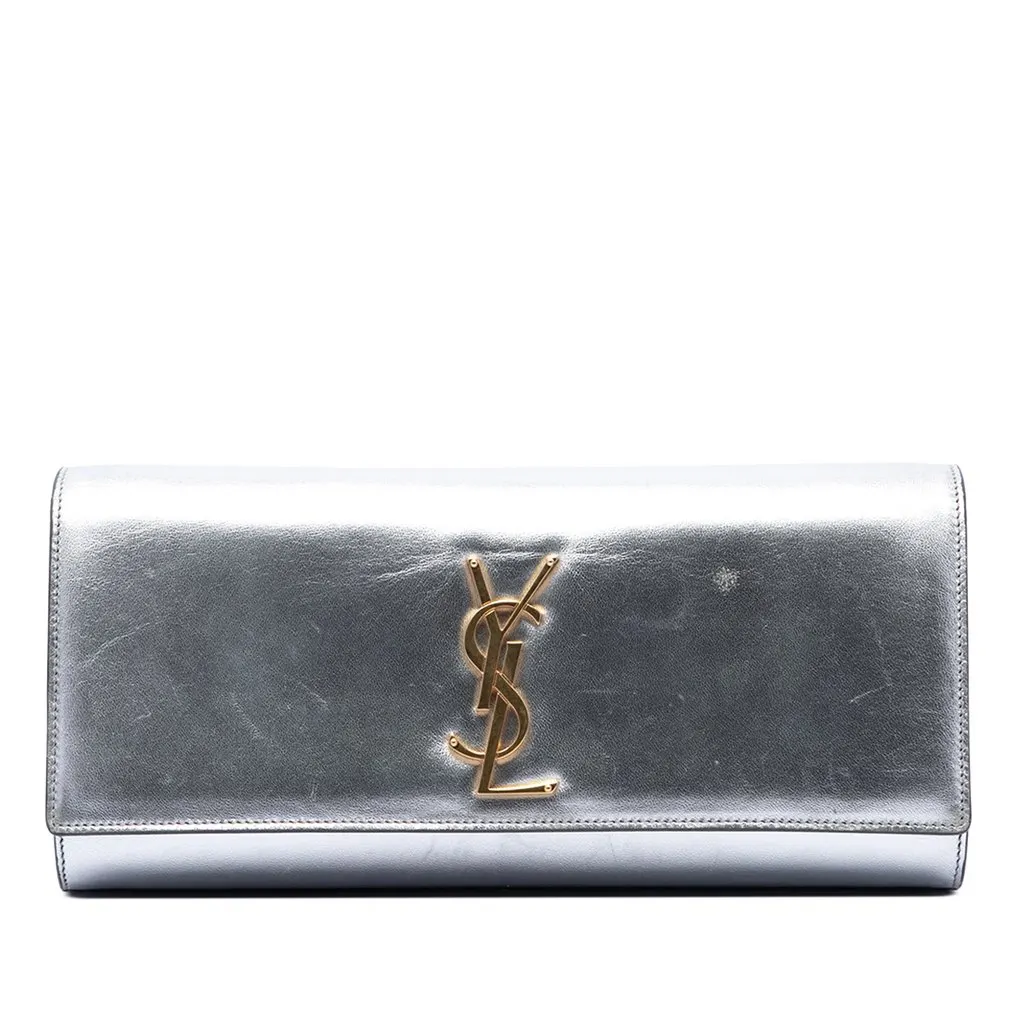 Saint Laurent Smooth Metallic Calfskin Monogram Cassandre Clutch Silver Leather Very good - Front View