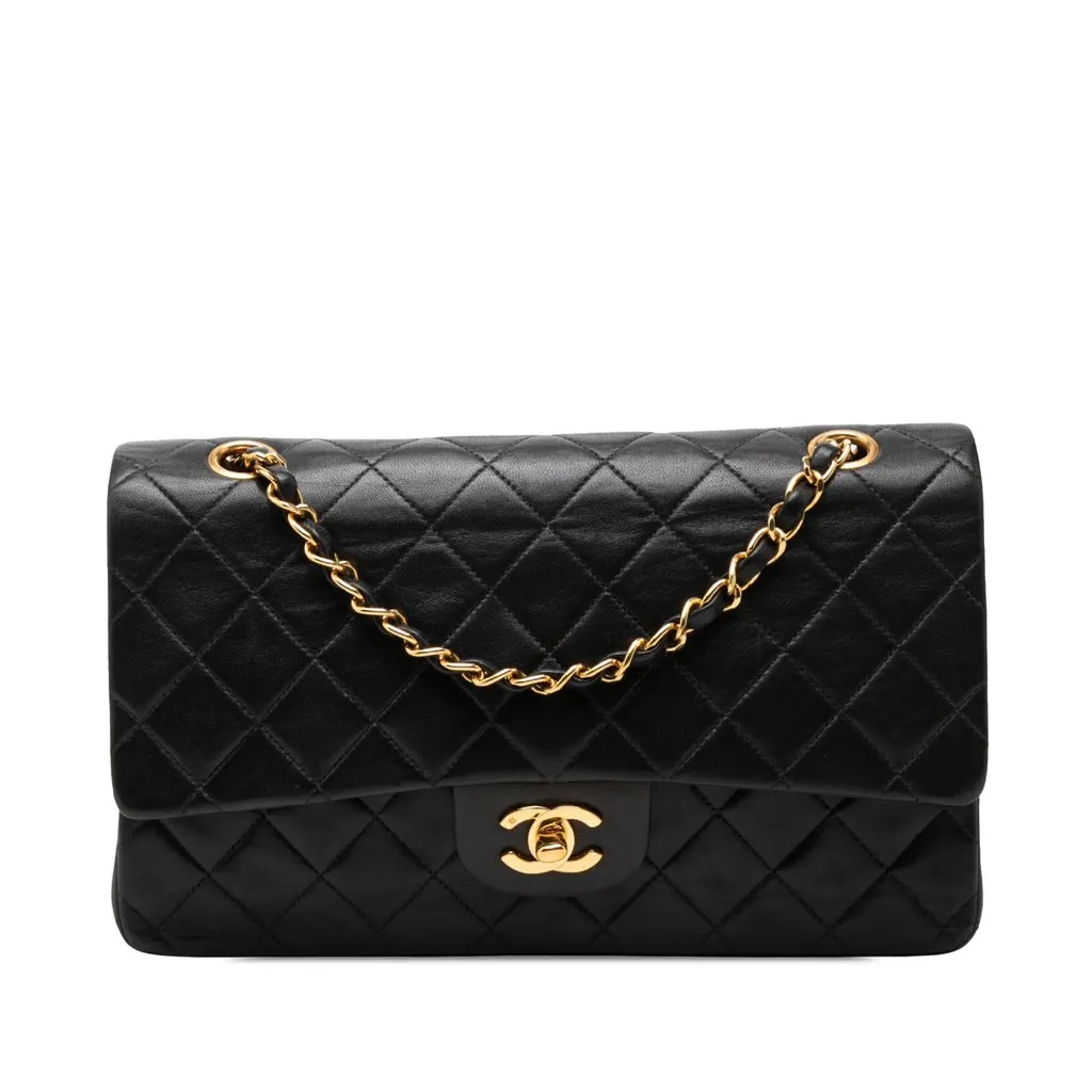 Chanel Medium Classic Lambskin Double Flap Black Leather Good - Front View