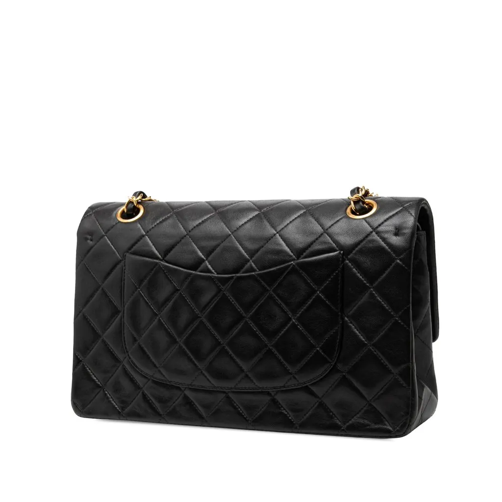 Chanel Medium Classic Lambskin Double Flap Black Leather Good - Back View