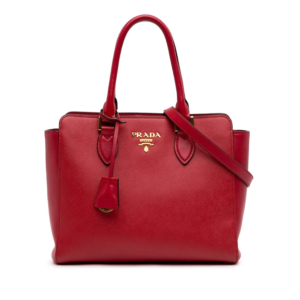 Prada Soft Calf Trimmed Saffiano Convertible Tote Red Leather Very good - Front View