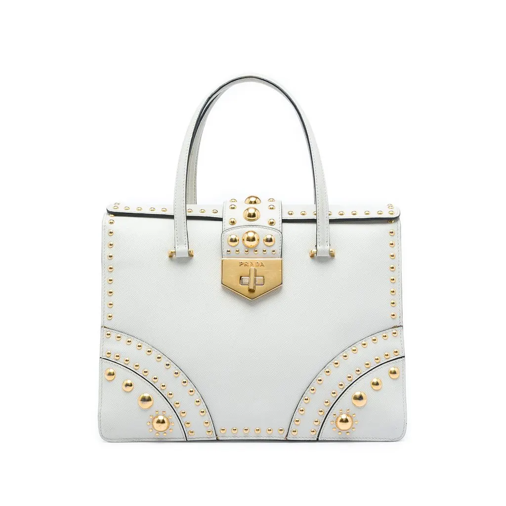 Prada Studded Saffiano Turnlock Handbag White Leather Very good - Front View