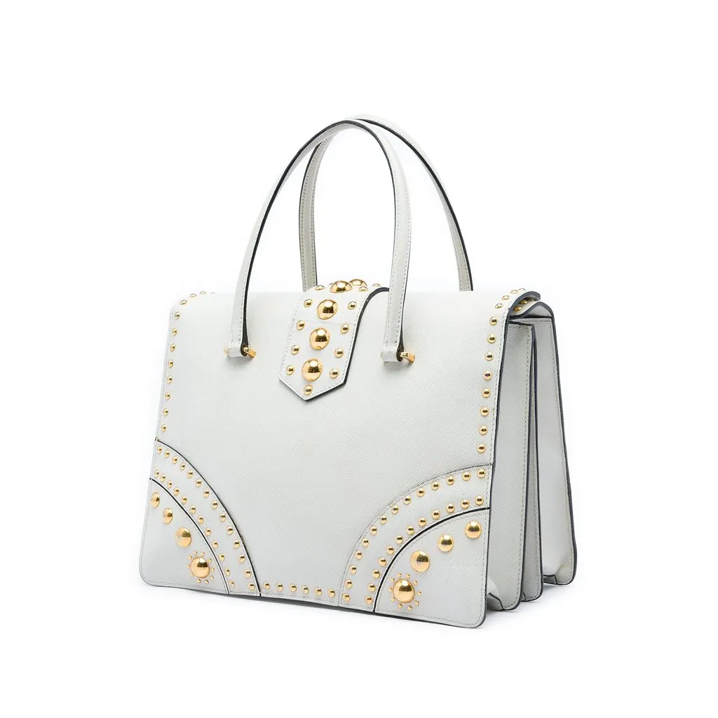 Prada Studded Saffiano Turnlock Handbag White Leather Very good - Back View