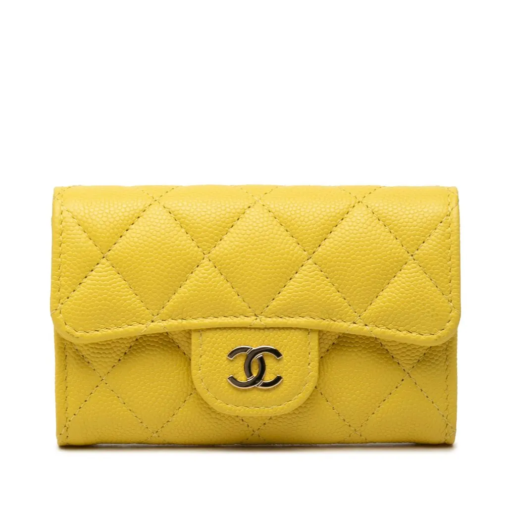 Chanel CC Quilted Caviar Flap Card Holder Yellow Leather Very good - Front View