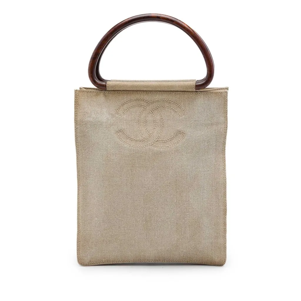Chanel CC Canvas Wooden Handle Tote Beige Canvas Very good - Front View