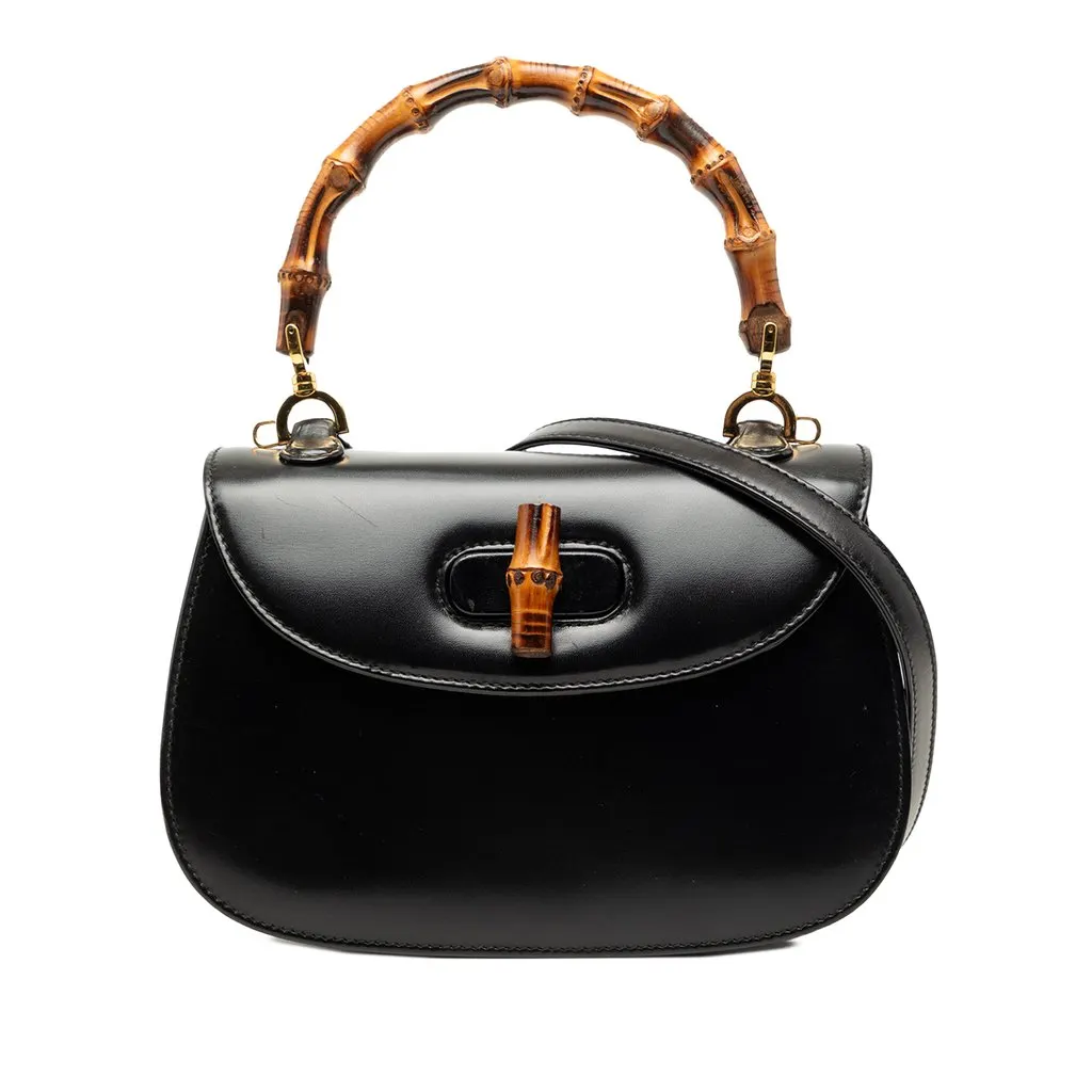 Gucci Small Calfskin Bamboo Night Black Leather Good - Front View