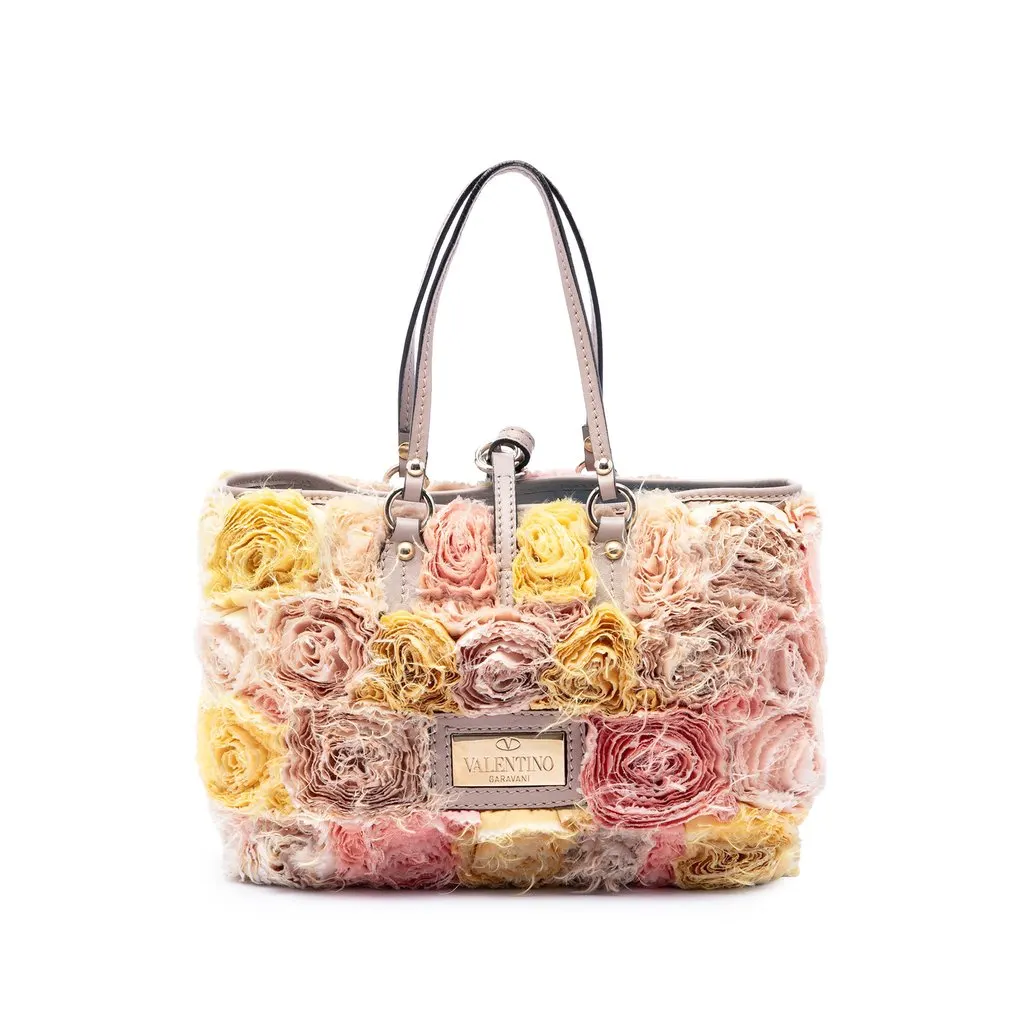 Valentino Small Silk Rosier Tote Beige Silk Good - Front View