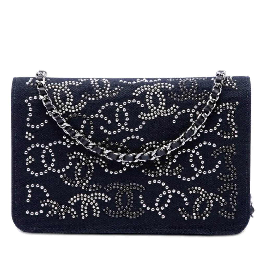Chanel Paris Shanghai Crystal Embellished Canvas Wallet On Chain Blue Very good - Front View
