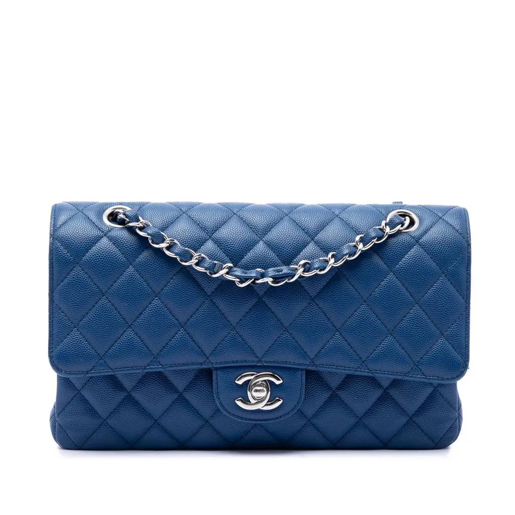 Chanel Medium Classic Caviar Double Flap Blue Leather Good - Front View
