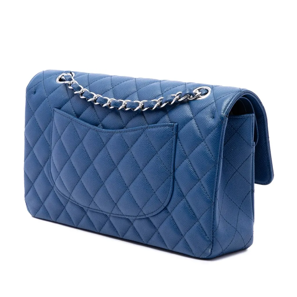 Chanel Medium Classic Caviar Double Flap Blue Leather Good - Back View