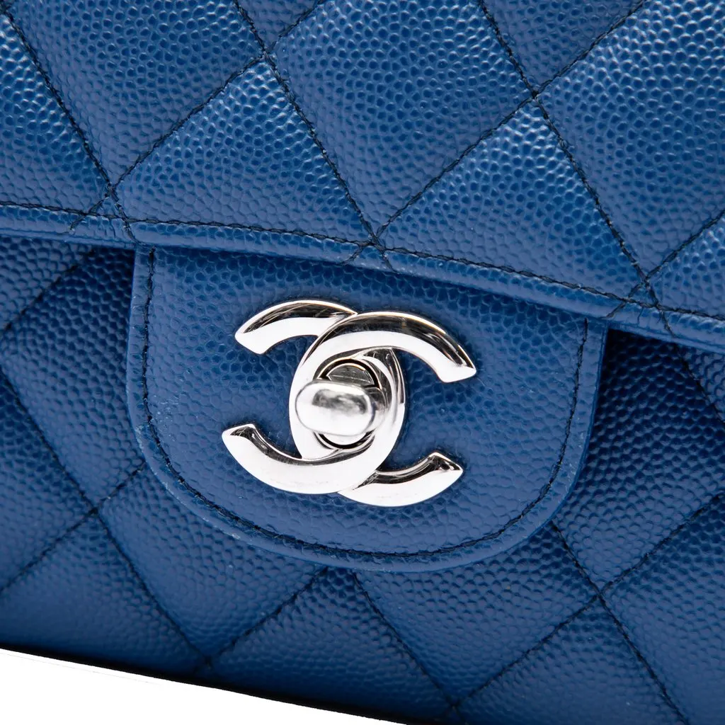 Chanel Medium Classic Caviar Double Flap Blue Leather Good - Box View