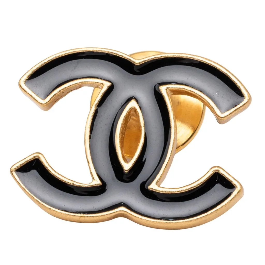 Chanel CC Enamel Gold Plated Brooch Black Very good - Front View
