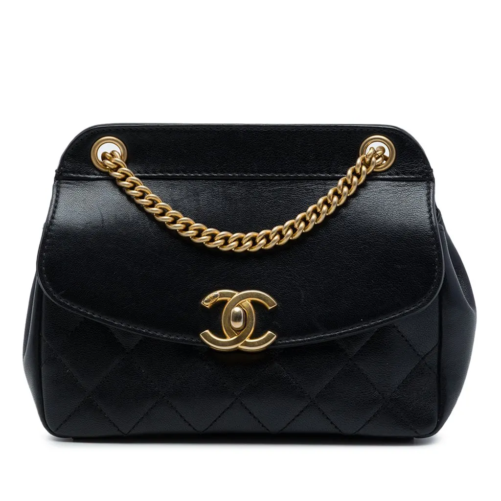 Chanel Small Quilted Lambskin Curved Flap Black Leather Very good - Front View
