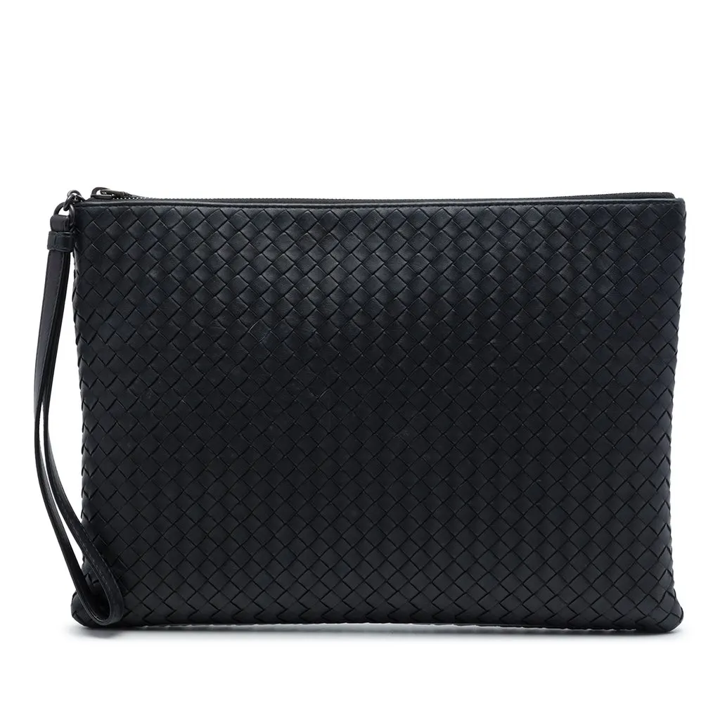Bottega Veneta Nappa Intrecciato Wristlet Zip Clutch Black Leather Very good - Front View