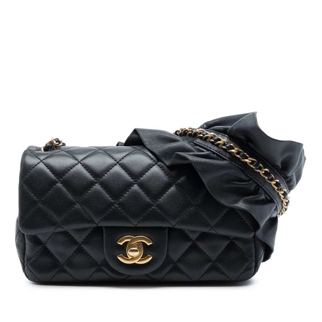 Chanel Mini Rectangular Classic Lambskin Romance Single Flap Black Leather Very good - Front View