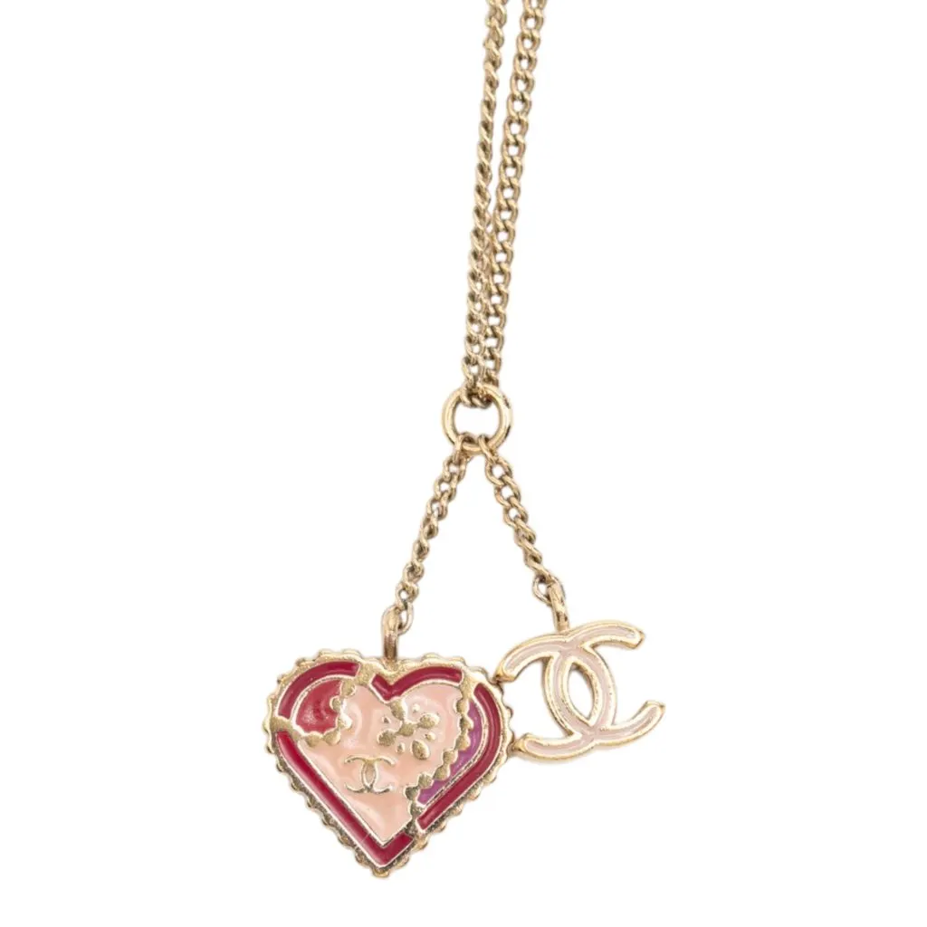 Chanel CC Gold Plated Laquered Heart Pendant Necklace Gold Metal Very good - Back View