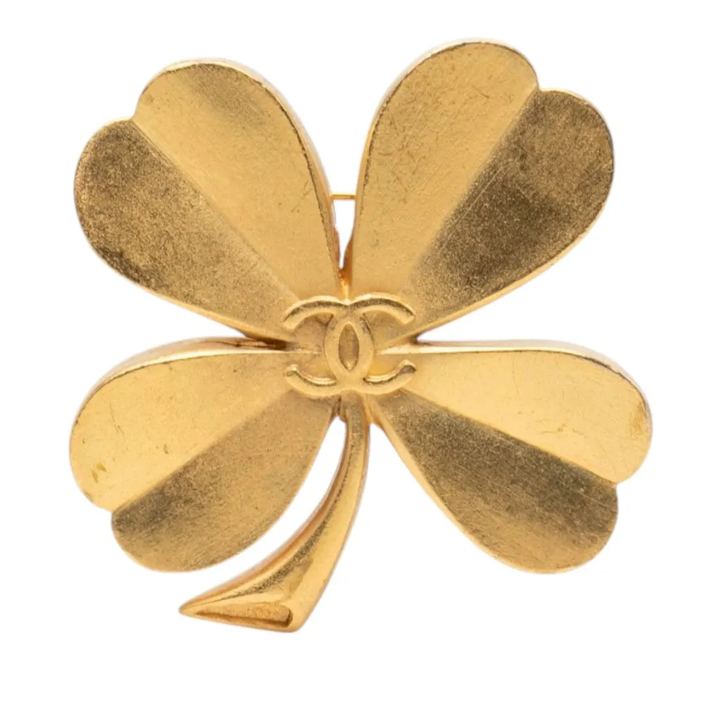 Chanel CC Brushed Gold Plated Four Leaf Clover Brooch
