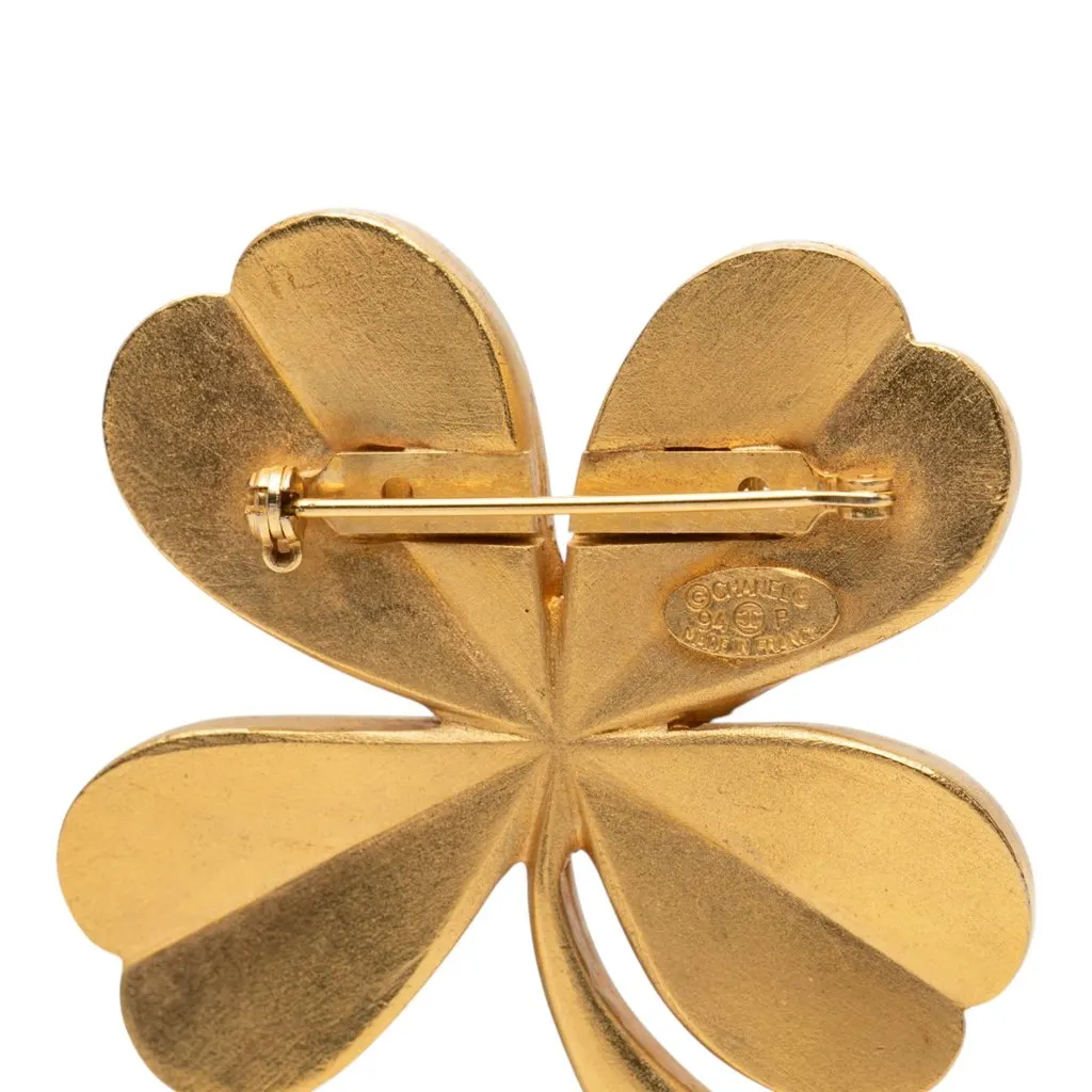 Chanel CC Brushed Gold Plated Four Leaf Clover Brooch Gold Metal Very good - Inside View