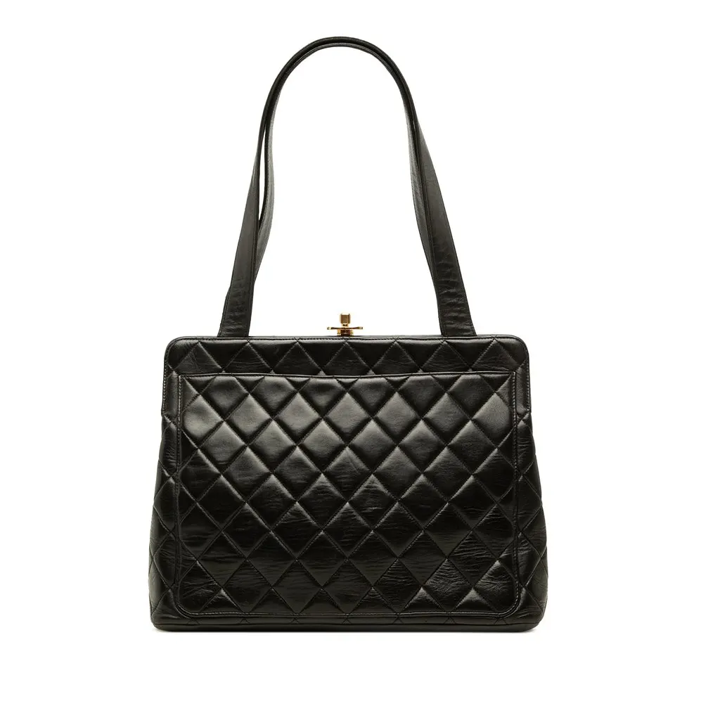 Chanel CC Quilted Lambskin Kiss Lock Frame Shoulder Bag Black Leather Good - Front View