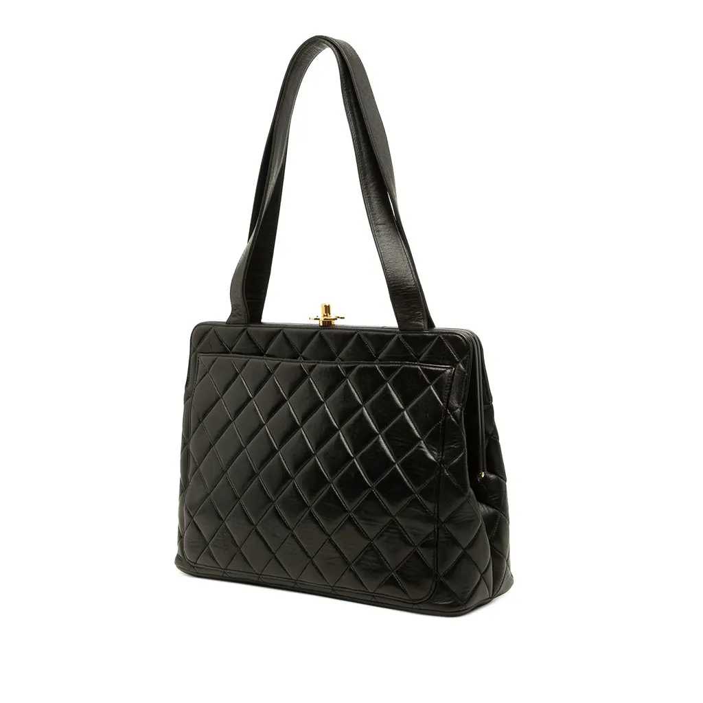 Chanel CC Quilted Lambskin Kiss Lock Frame Shoulder Bag Black Leather Good - Back View