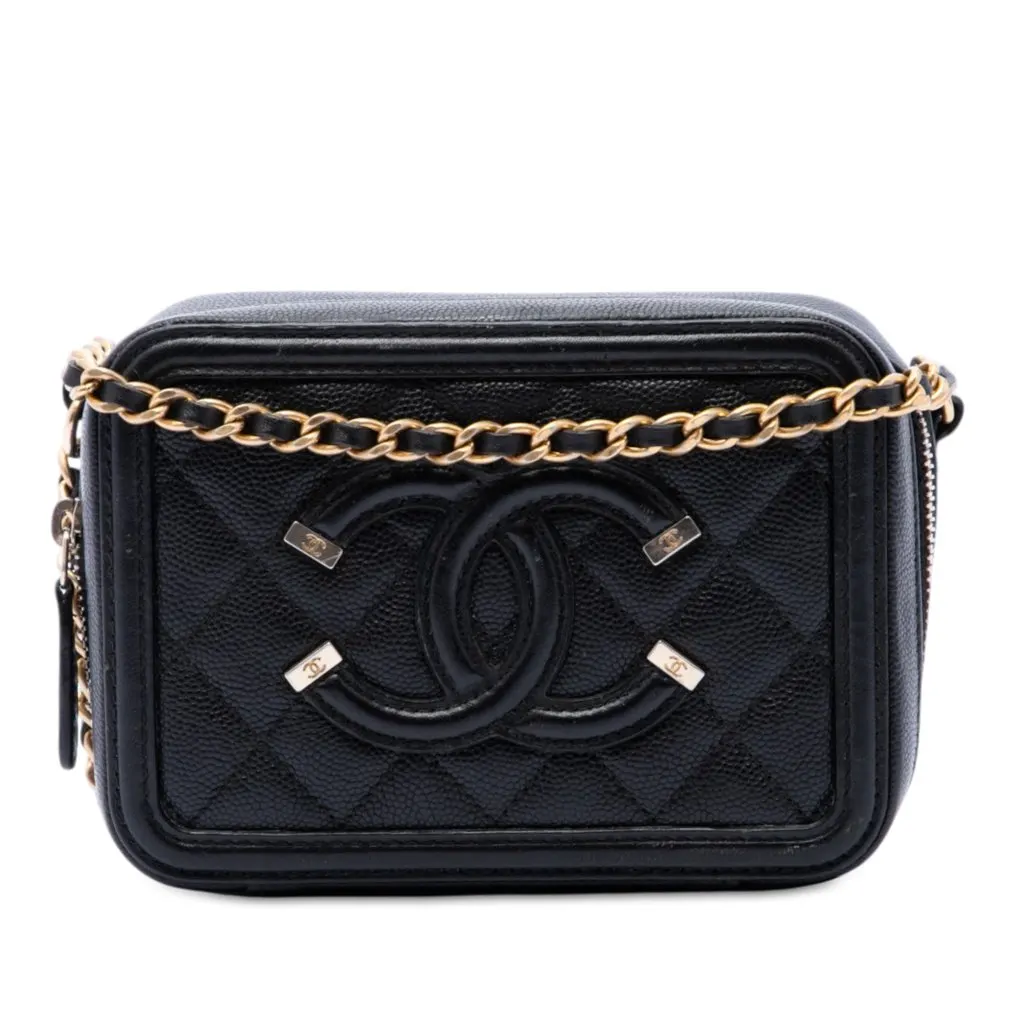 Chanel Caviar CC Filigree Vanity Clutch with Chain Black Leather Very good - Front View