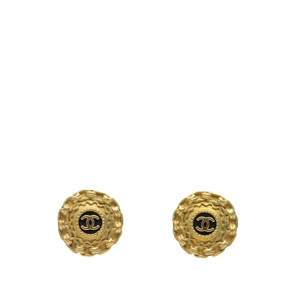 Chanel CC Gold Plated Resin Round Clip On Earrings Gold Metal Very good - Front View