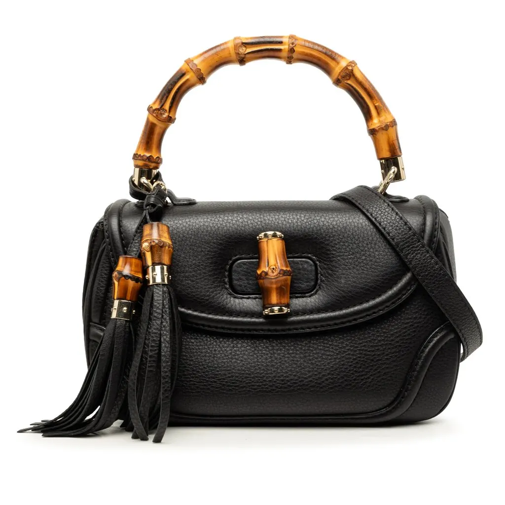 Gucci Medium Calfskin New Bamboo Satchel Black Leather Good - Front View