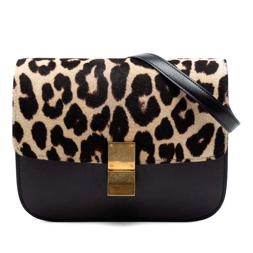 Celine Medium Calfskin and Leopard Print Pony Hair Classic Box Black Leather Very good - Front View