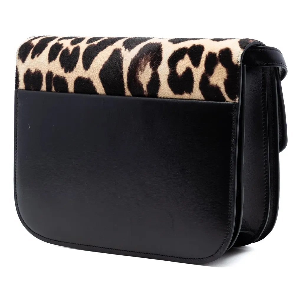 Celine Medium Calfskin and Leopard Print Pony Hair Classic Box Black Leather Very good - Back View