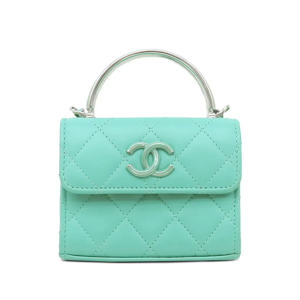 Chanel Mini Quilted Lambskin Chain Top Handle Bag Green Leather Never worn - Front View
