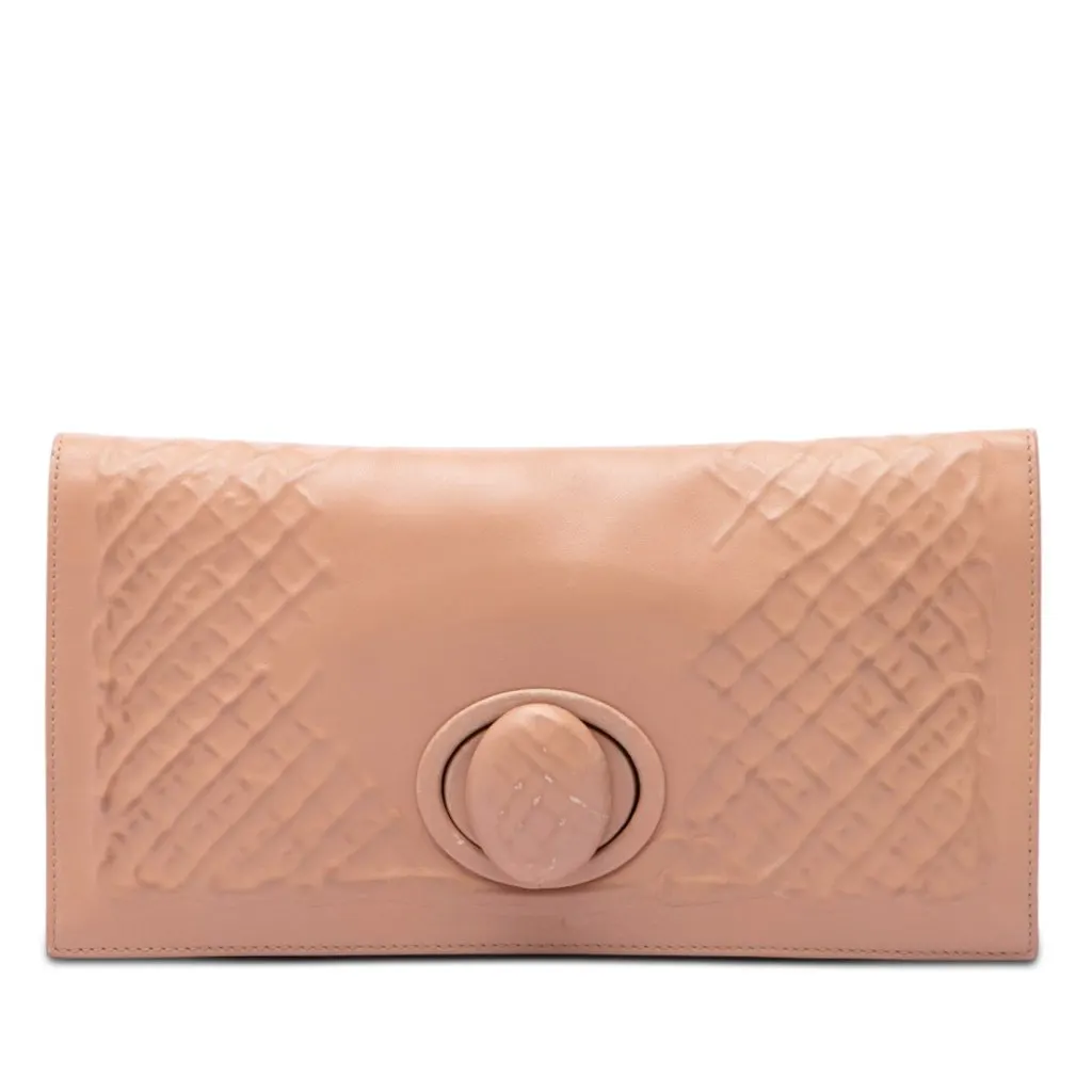 Bottega Veneta Nappa Embossed Intrecciato Turn Lock Clutch Brown Leather Very good - Front View