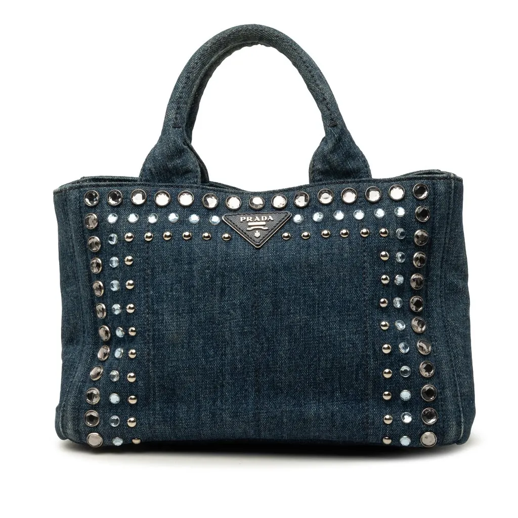 Prada Small Denim Canapa Bijoux Satchel Blue Denim Good - Front View