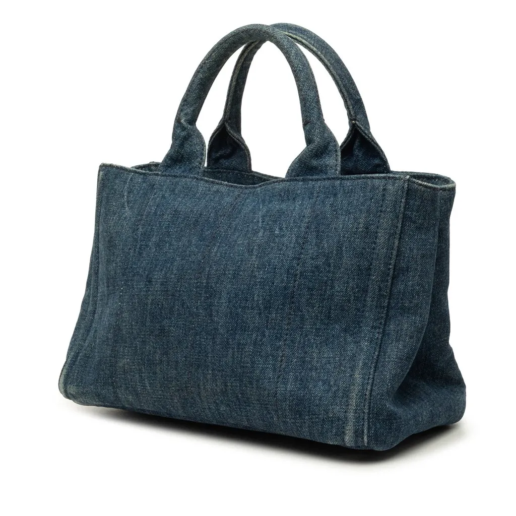 Prada Small Denim Canapa Bijoux Satchel Blue Denim Good - Back View