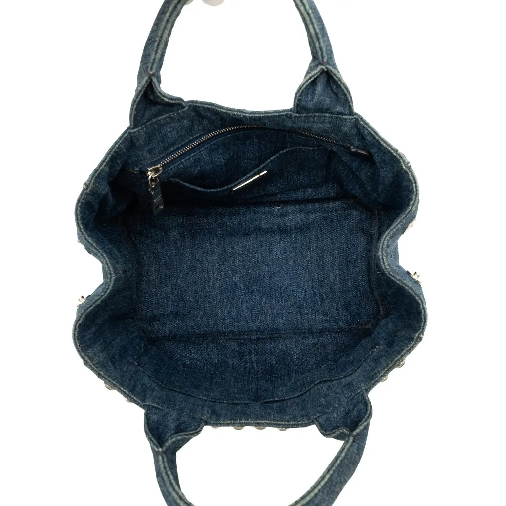 Prada Small Denim Canapa Bijoux Satchel Blue Denim Good - Model View