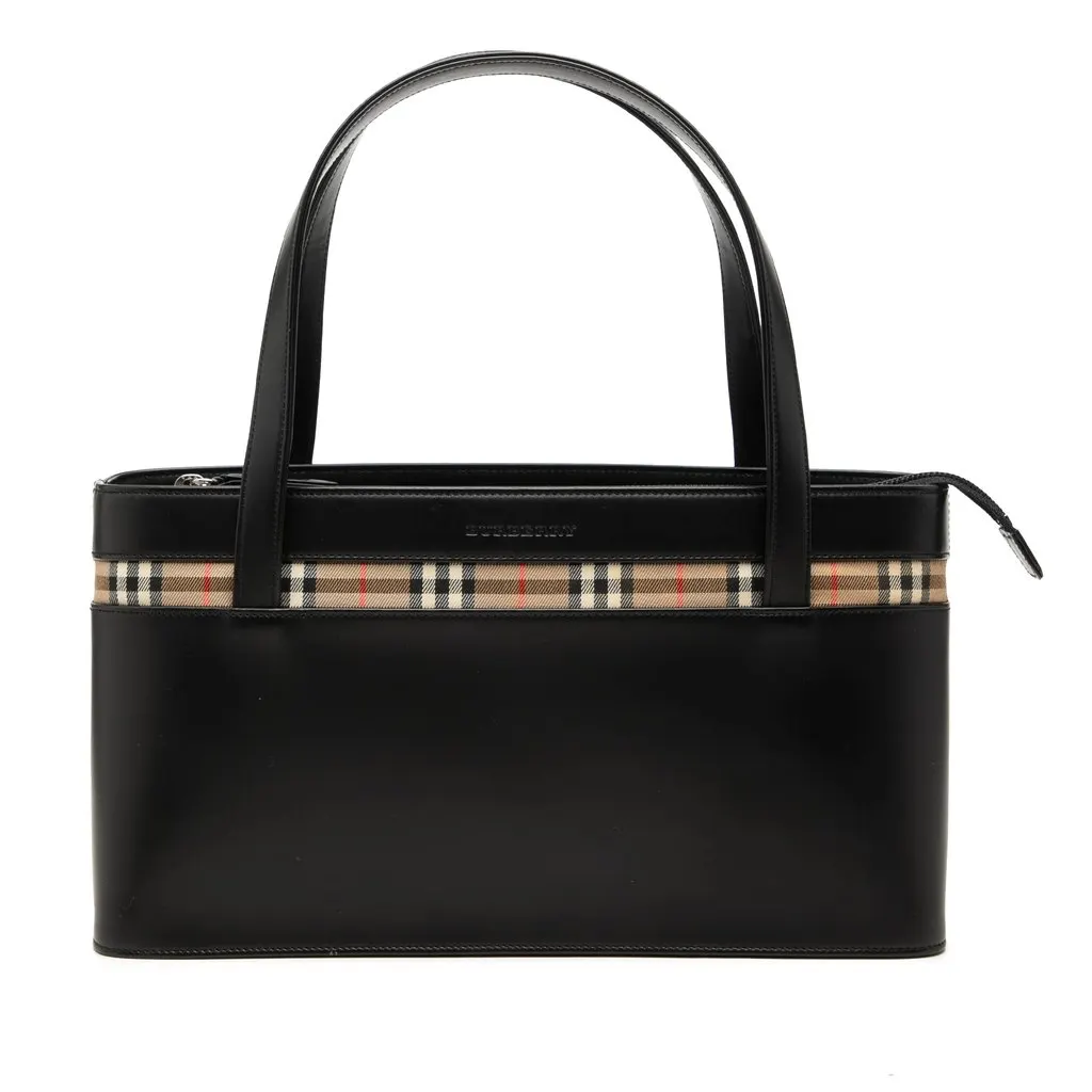 Burberry House Check Canvas Trimmed Leather Handbag Black Leather Very good - Front View