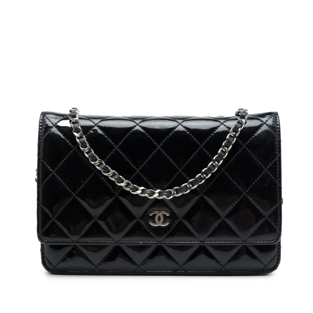 Chanel CC Quilted Patent Wallet On Chain Black Leather Good - Front View